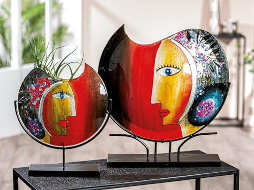 GILDE GLAS art Deko große Vase Gesichtsvase - handbemalte Glasvase mit Metall Ständer - Dekoration Wohnzimmer Höhe 48 cm mehfarbig