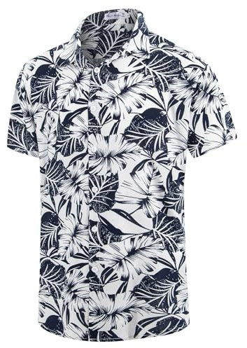 KazzSail Hawaiian Shirt for Men Short Sleeve,Summer Beach Tropical Casual Shirt,Mens Floral Vacation Button Down Aloha Shirt, White Monstera, Large