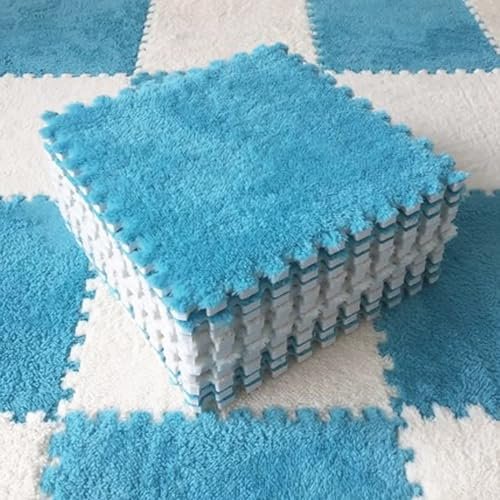 10/20 Pcs Plush Crawling Mat, 30 * 30 cm Plush Foam Floor Mat, Non-Slip Soft Interlocking Foam Interlocking Carpet Tiles with Edge for Bedroom and Living Room (10PC Blue+10PC White)