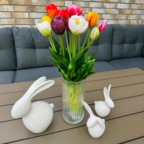Online Fuchs 15 künstliche Tulpen in Einer Glasvase - REAL-Touch, wie echt - Kunstblumenstrauß - Künstliche Pflanzen, Blumen (Bunt)