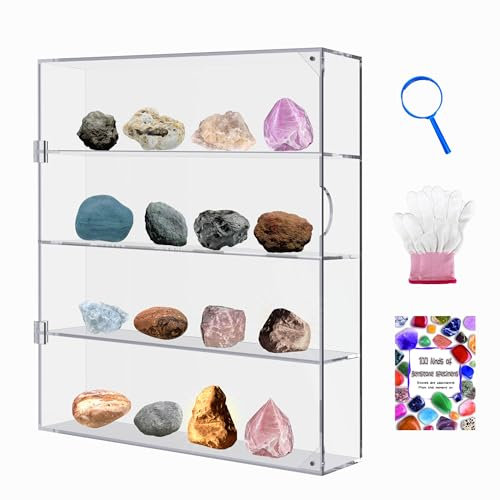 HEMYLU Rock Collection Vitrine, Kristall-Acryl-Aufbewahrungsbox mit 4 Etagen und Edelstein-Wissenshandbuch für Kinder, Edelstein- und Steinsammelkoffer zum Ausstellen
