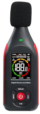Misuratore di Decibel Misuratore di Livello Sonoro Rilevatore di Lettura da 30dB a 130dB MAX Data Hold, Misuratore di dB SPL con Allarme, Registrazione Dati e Funzione Ricaricabile