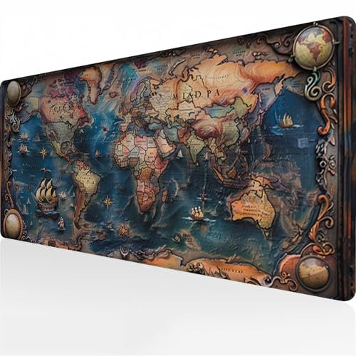 Tapis de Souris de Jeu Grand Tapis de Souris XXL Carte Monde Vintage Lavable Tapis de Bureau 700x300x3 mm avec Base en Caoutchouc antidérapante pour Gamer Ordinateur Portable