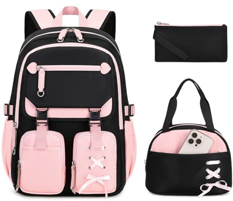 MOONBABY Mochila para niñas con lonchera y estuche para lápices para niños y adolescentes, mochila para primaria, escuela secundaria, mochila de día, Rosa-3 unidades., Talla única