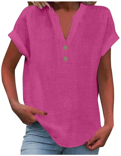 KOG Damen T-Shirt Lose Baumwolle Leinen Blusen Lässig Kurzarm Shirts Teenager Longbluse Elegante Leinen Tee T-Shirt Rundhals Oversize Blusenshirt Knalliges Pink 4XL