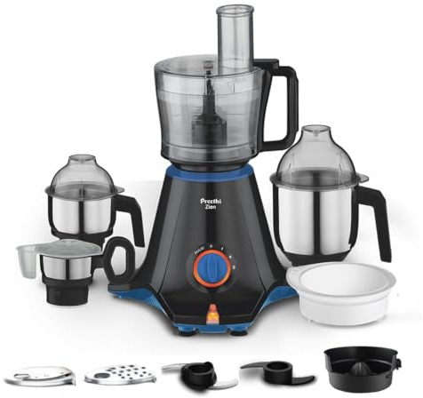 Preethi Zion Mixer Grinder for Kitchen - 4 Jars 750 Watt Mixie (3 Stainless steel Jars+1 Master Chef Plus Food processor Jar), Flexi lids, Vega W5 motor, Black (MG-227)