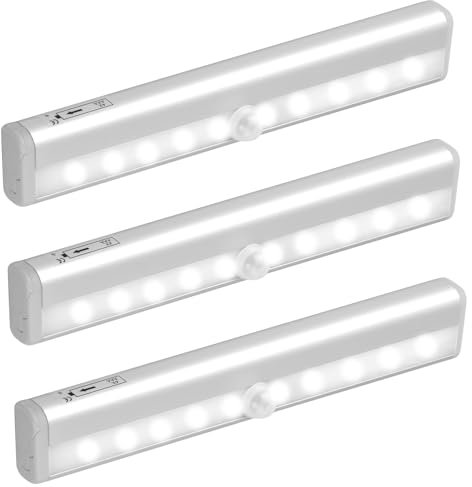 Jinlaili 2 Stück LED Bewegungsmelder Schrankleuchten mit Stick-On Magnetstreifen, Batterie Kleiderschrank Lampen, 10 LED Nachtlicht Lichtleisten Schranklicht, Unterbauleuchte für Küche (3PCS-Kaltweiß)