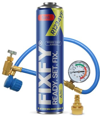 FIXFY 5 in 1 – Set auto per condizionatori d'aria per veicoli dal 2017 | Refrigerante di ricambio R1234YF con olio, sigillante, essiccante e colorante UV, tubo con manometro e adattatore