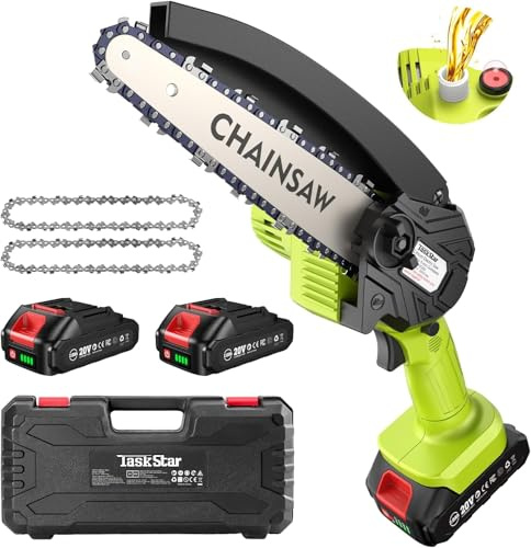 TaskStar Mini motosierra inalámbrica, motosierra eléctrica portátil de 6 pulgadas con dos baterías de 2.0 Ah, de mano con lubricación automática para poda de árboles, corte de madera y campamento al