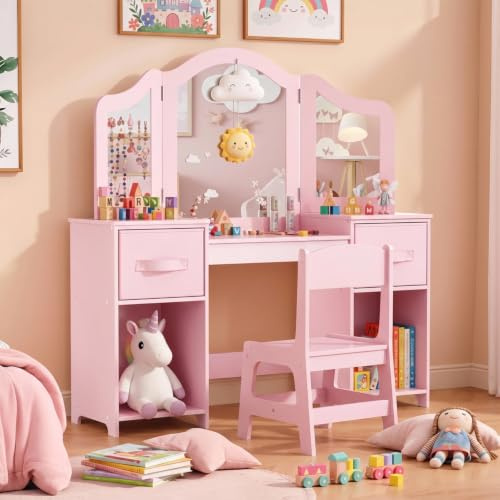 Clevich Schminktisch Kinder Set, Kinderschminktisch mit Abnehmbarem Spiegel | Prinzessin Frisiertisch mit Aufbewahrungsbox, Schreibtisch Set mit Hocker, 108x30x114 cm Schminktische für Kinder, Rosa