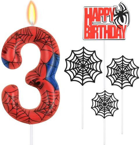 HOTUT Geburtstagskerzen Zahlen 3,Spinne Deko,Kerzen Geburtstag mit Spinnennetz Set,Happy Birthday Kuchen Kerzen Set,Blau Rot Zahlenkerze,Spinne Thema Party Kerzen für Jungen Mädchen 3. Geburtstag