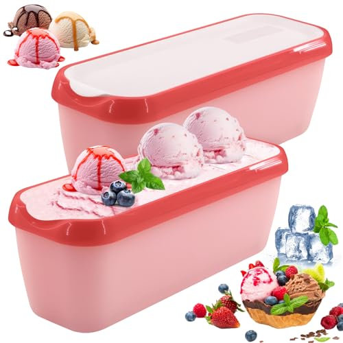 PZJFH 2er-Set Eiscreme Behälter, 1,5L Eisbehälter für Speiseeis, Selbstgemachte Eiscreme Becher mit Deckel BPA-frei für Sorbet Gefrierdosen (Hellrot)