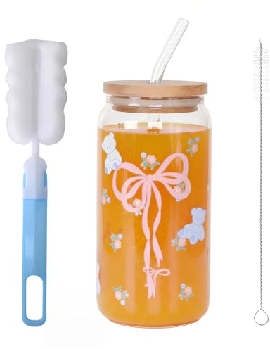 Luxvara Vaso de Cristal con Tapa y Pajita, 16 Oz Vaso con Lazo Rosa, con Cepillo de Paja y Cepillo de Taza,Diseño Bow, Reutilizable, para Bebidas, Café, Té, Cóctel, Batido