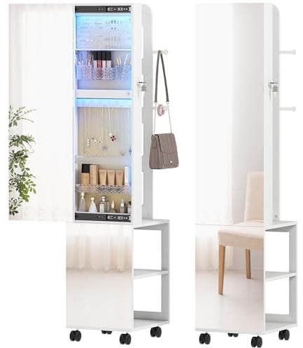 HOMCOM Schmuckspiegel mit LED-Beleuchtung, 360° drehbarer Schmuckschrank, freistehendes Schmuckkästchen mit Spiegel in voller Länge, Schloss und Schlüssel, Fächer, weiße Oberfläche und beigefarbenes