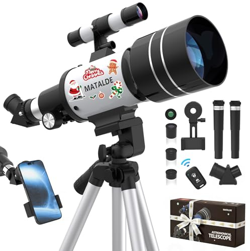 Télescope pour Débutants, Télescope Astronomique Réfracteur 70mm d'Ouverture avec 300mm de Distance Focale, Grossissement 15X-150X, Trépied, Adaptateur pour Téléphone, Télécommande sans Fil