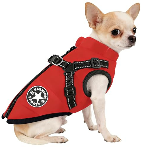 Waterproof Dog Coat with Legs, Warm Winter Waterproof Jacket for Dogs, Dog Jacket with Harness for Medium Dogs (Red M)