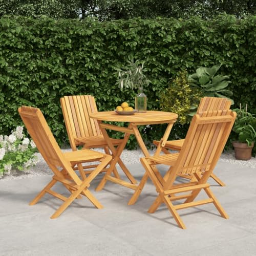 Bucmath 5-TLG. Garten-Essgruppe Massivholz Teak, klappbar, wetterfest, runde Tischplatte mit Sonnenschirmloch, für Terrasse, Balkon, Garten, Essbereich