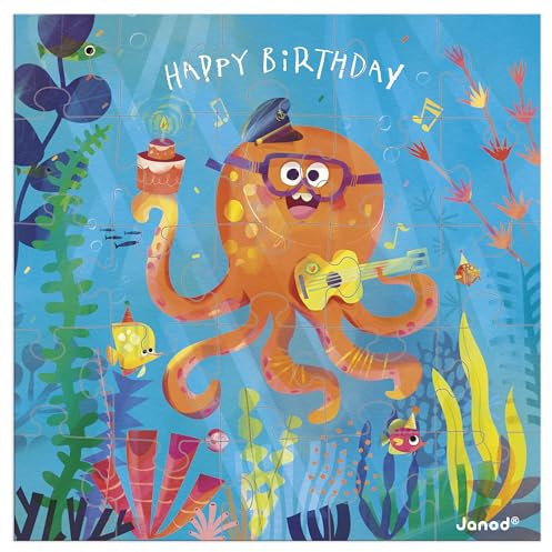 Janod – Geburtstagskarte-Puzzle – Geschenkkarte-Puzzle 25 Teile Krake + 1 Karte + 1 Umschlag, Grußkarte – Ab 3 Jahren, Oktopus