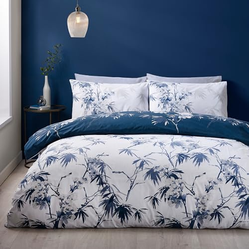 Catherine Lansfield Kyoto Wende-Bettwäsche-Set mit Kissenbezügen, Blumenmuster, Blau