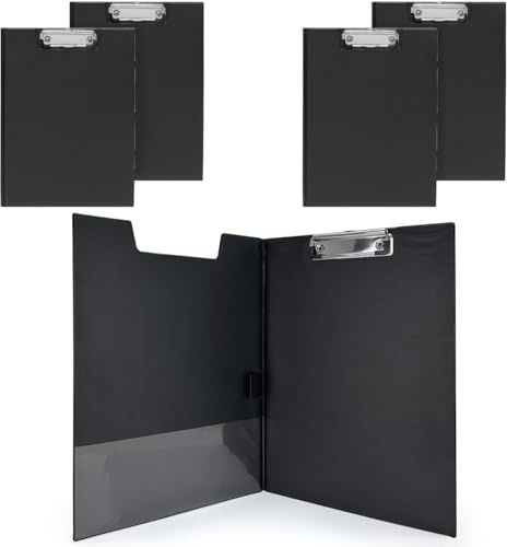 Lot de 5 Porte-blocs A4 avec Rabat et Pince – Support rigide revêtement PVC noir – Porte-documents professionnel avec Pochette intérieure et Crochet de suspension - Idéal Réunions, Chantiers, Bureaux
