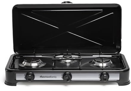 Fornello a Gas GPL Minerva 3 Fuochi Portatile da Campeggio Cucina da Esterno Acciaio Smaltato con Coperchio Regolazione Fiamma Griglie Removibili per Camper Picnic Giardino Nero 2.9KW