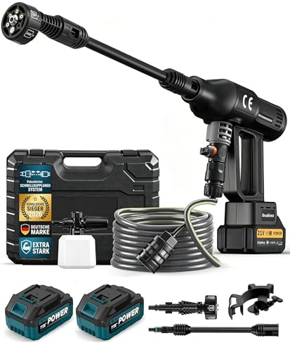 Nettoyeur Haute Pression sans Fil 120 Bar, 2X Batterie 4,0Ah, 1500W Moteur | 4 niveaux de pression, écran LCD, débit jusqu’à 600 L/h, buse 6-en-1 et tuyau de 5 m pour voiture, terrasse et jardin (Noir)