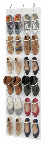 Flexzion Over the Door Shoe Organizer - Hanging Shoe Rack for Closet with 24 Clear Pockets and 3 Steel Hooks, Back of Door Storage for Space Saving Entryway Bathroom, Bedroom, Dorm Organizer (White)