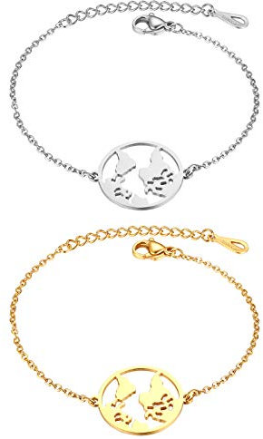Flongo Damen Armband Armreif Freundschaftsarmbänder BFF Ketten für 2, Edelstahl Armkette Kette Silber Gold mit Weltkarte Weltkugel Anhänger