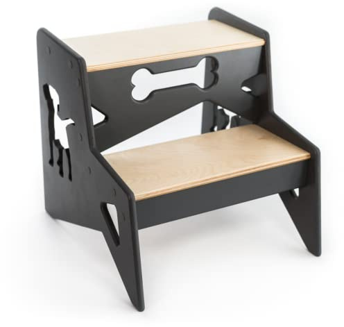 Escabeaux en Bois Chaise de Cuisine pour Enfant en Bas âge Banc pour Enfants Petite échelle Tabouret de Douche Enfant Salle de Bain escabeau lit en Bois escabeau Aide Cuisine (Gris avec Chien)