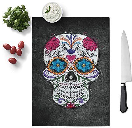 Glass Chopping Board - Floral Sugar Skull - Textured Worktop Saver Cutting Board - Heat Resistant, Shatterproof and Hygenic - 39 x 28.5 cm