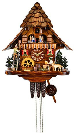 August Schwer Kuckucksuhr Schwarzwaldhaus mit beweglichem Biertrinker und Mühlrad