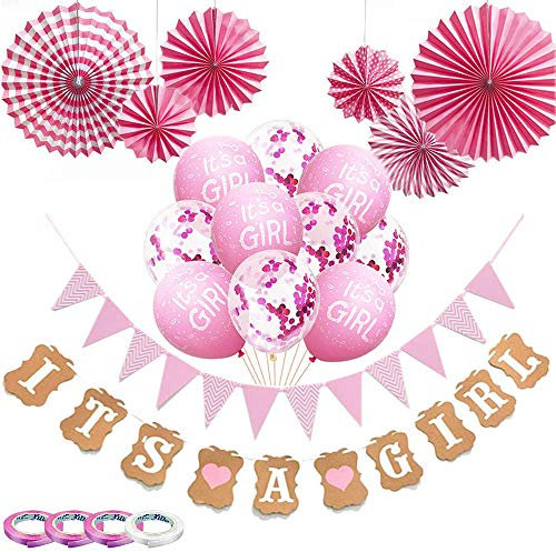 Babyparty Deko Mädchen, 22 Stück Rosa Baby Party Dekoration mit 10 Luftballons/Wimpelkette Wimpel/IT'S A Girl Banner/6 Papierfächer/4 Rollen Band für Baby Shower/Geburtstag Party Dekoration (Rosa)