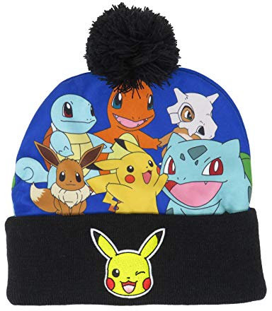 Pokemon Starters Bestickte Pikachu-Manschette, Beanie-Mütze, Einheitsgröße, Schwarz