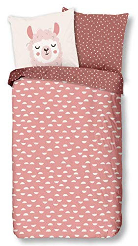 Aminata kids Bettwäsche Lama-Alpaka-Motiv Mädchen 135 x 200 Baumwolle Jugendliche - Teenager - mit Reißverschluss Tier-Motiv Kinder-Wende-Bettwäsche-Set - Geschenk-Idee - Lamas, Tiere, rosa