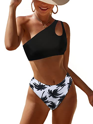 JFAN Badeanzug Damen Frauen Eine Schulter Patchwork Sexy Solid Halfter Gepolstert Push Up Bikini Set Zweiteiliger Badeanzug