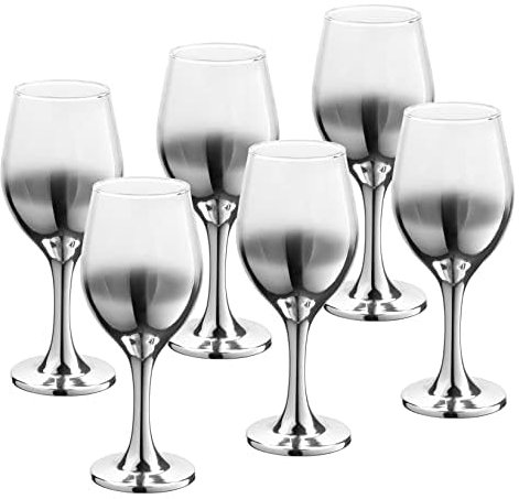 Vikko Décor Silver Ombre Wine Glasses: 14 Ounce Fancy Stemmed Goblets for Red and White Wine - Thick, Durable, Dishwasher Safe - Great Gift Idea - Set of 6 Decorative Glasses