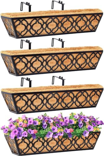 HFHOME 4Pcs 24/60.9cm Railing Planter Box, Metal Wall Trough Rail Planters with Coco Liner and Adjustable Brackets, Gardening Kit for Window Box Porch Balcony Fences
