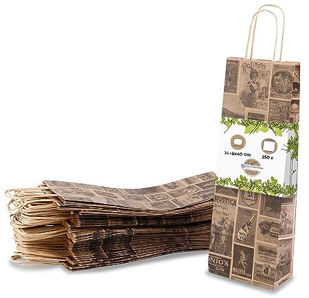 BIOZOYG Flaschentasche Geschenktüten 250 Stück 14 + 8 x 40 cm Vintage - Papiertüten Weintasche kompostierbar nachhaltig - Flaschentüte Geschenkverpackung Wein Likör Rum