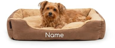lionto Lit pour Chien avec Coussin réversible et Base antidérapante, Coussin Douillet pour Animaux avec entrée Basse pour Chiens et Chats de Tout âge, 75x60 cm, Beige/Marron (avec nom imprimé)