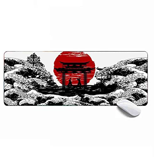 Japanese Waves Red Sun Gaming Mouse Pad XL,Extended Large Mouse Mat Desk Pad 31.5x11.8x0.12IN,Stitched Edges Non Slip Mousepad for Computer,Office,Keyboard and Laptop