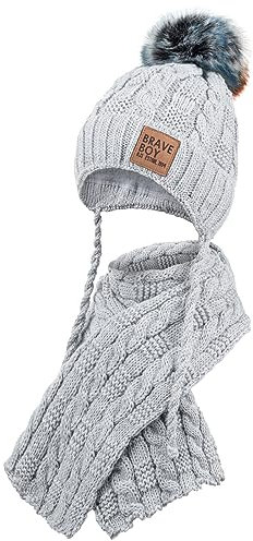 AJS Strickmütze Wintermütze Schal Junge Winterset Bommel Bindemütze, Farbe: Grau