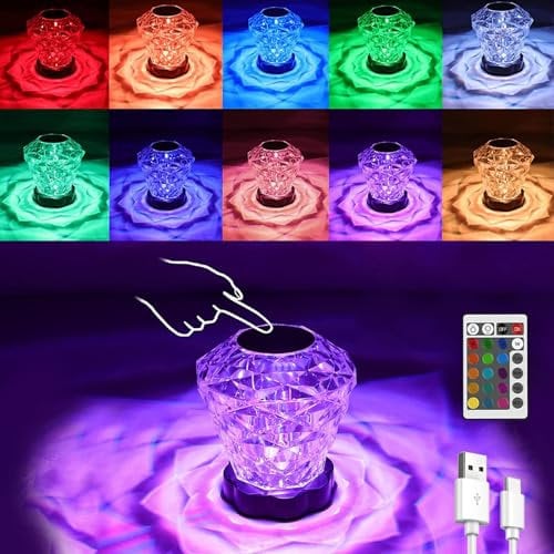 Kristall Lampe, Touching Control Rose Kristall-Lampe 16 Farbe wechselnde dimmbare Nachttischlampen Touch-Lampen mit Typ-C-Anschluss und Fernbedienung für Kinder Schlafzimmer (Diamant-Kristall-Lampe)