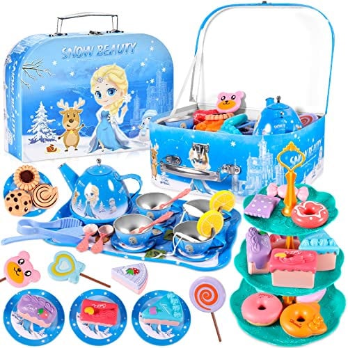 AOUVT 50 Pcs Juego de Té Infantil, Juego de Simulación de la Fiesta del Té de la Princesa de Hielo, Juego de Té con Maleta, Accesorios Cocina Juguetes, Juguete Regalo para Niñas 3 4 5 6 7 8Años