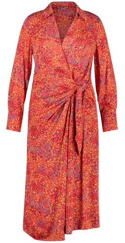 Samoon Damen Wickelkleid mit Knoten-Detail Langarm, Manschetten Gemustert wadenlang Power Red Gemustert 48