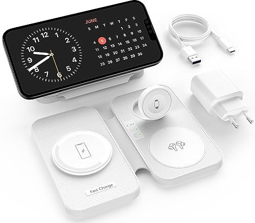 Cargador inalámbrico MagSafe 3 en 1, 15W Plegable estación de Carga inductiva para Las Series de iPhone 15/14/13/12, el Apple Watch y los AirPods, con Adaptador USB-C (Blanco).