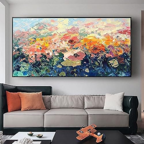 SAAKO Wandkunst Für Wohnzimmer,Wandkunst Auf Leinwand, 100% Handgemalte Zeitgenössische Kunst-Wandgemälde, Abstrakte Blumenlandschaft, Rahmenlose Handgefertigte Gemälde, Heimbüro-Dekorationen, Wandku