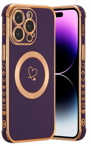 ZTOFERA Cover magnetica per iPhone 15 Pro Max, compatibile con MagSafe Custodia protettiva antiurto in silicone flessibile con motivo cuore d'amore e bordo zincato, viola scuro