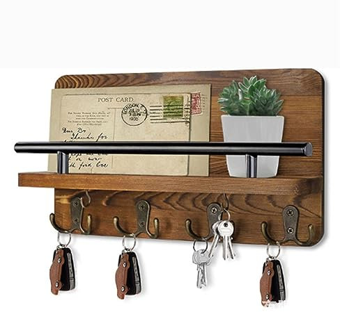 BradOc Wandregal Schlüsselbrett Holz Wandorganizer mit Ablage, Multifunktion Wand Aufbewahrungsbox mit 4 Schlüsselhaken für Zeitschriftenhalter Briefablage Zeitungsständer,2