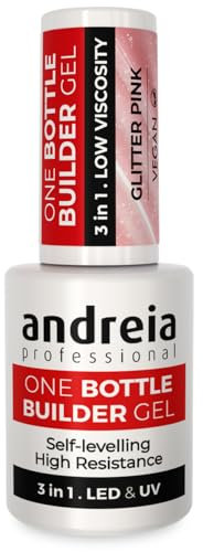Andreia Professional Gel Builder Nail Construction - Triphasic 3 in 1 Low Viscosity - LED & UV Builder Gel in a Bottle - Nail Extension - Self Levelling High Resistance - Colour Glitter Pink 14ml