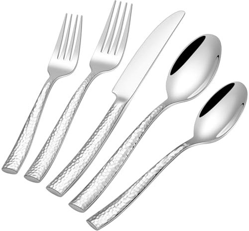 HONKKU 30 Teiliges Besteck Set 6 Personen, Verdickter Edelstahl Besteckset mit Gehämmert Griff, Essbesteck Set mit Messer Gabel Löffel, Spiegel Polierter Spülmaschinenfest
